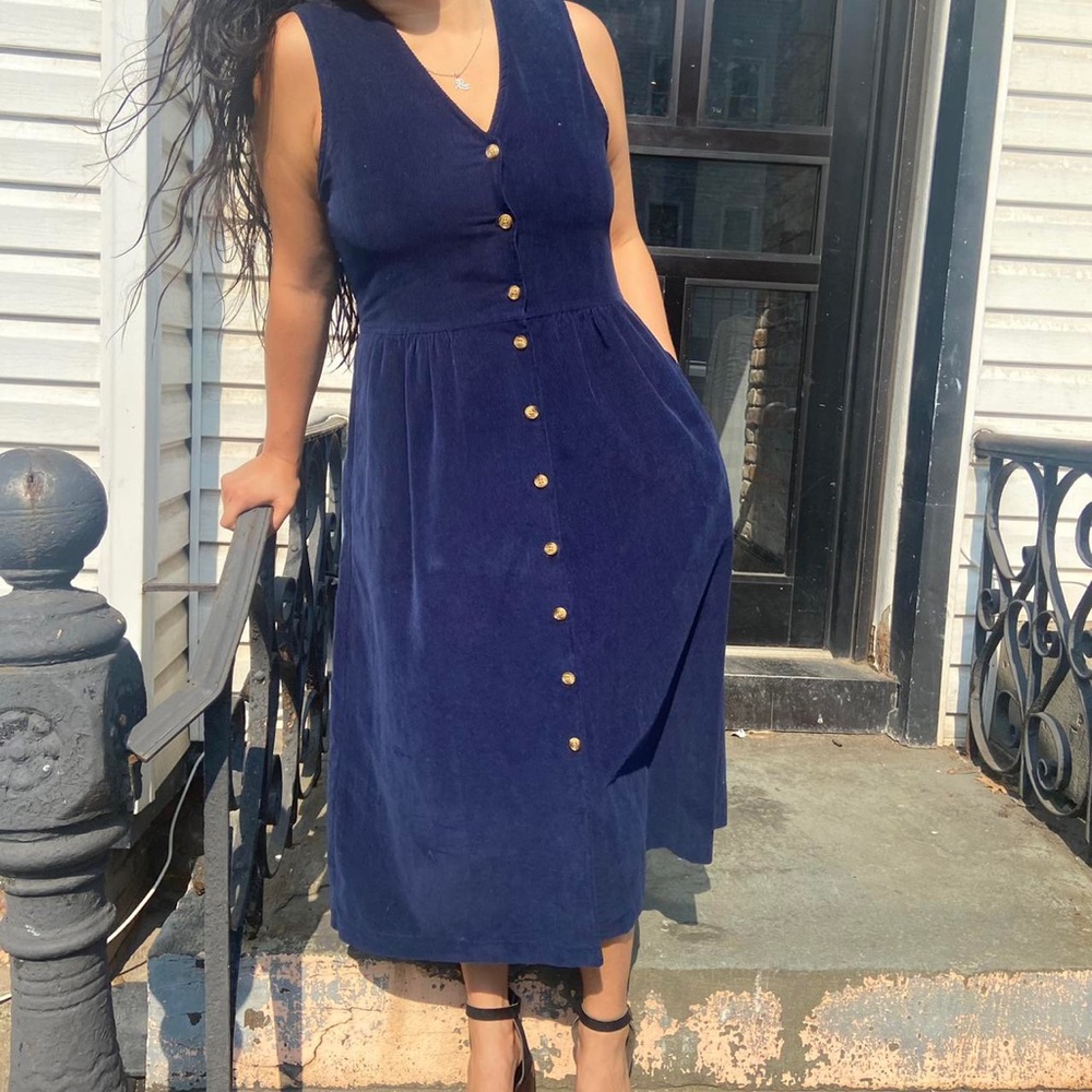 Navy Blue Corduroy Button Up Midi Dress
